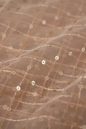 1.25 Meter Cut Piece Of Gold Sequins With Beige Thread Checks Embroidery On Beige Soft Net Fabric