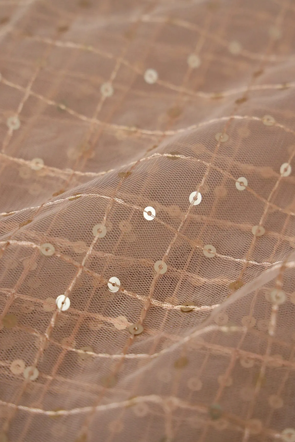 1.25 Meter Cut Piece Of Gold Sequins With Beige Thread Checks Embroidery On Beige Soft Net Fabric