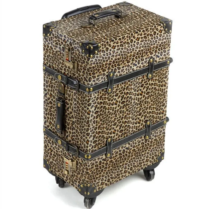 14,20,24 Inch Women Vintage Rolling Luggage Sets Pu Travel Suitcases,Leopard Print Spinner