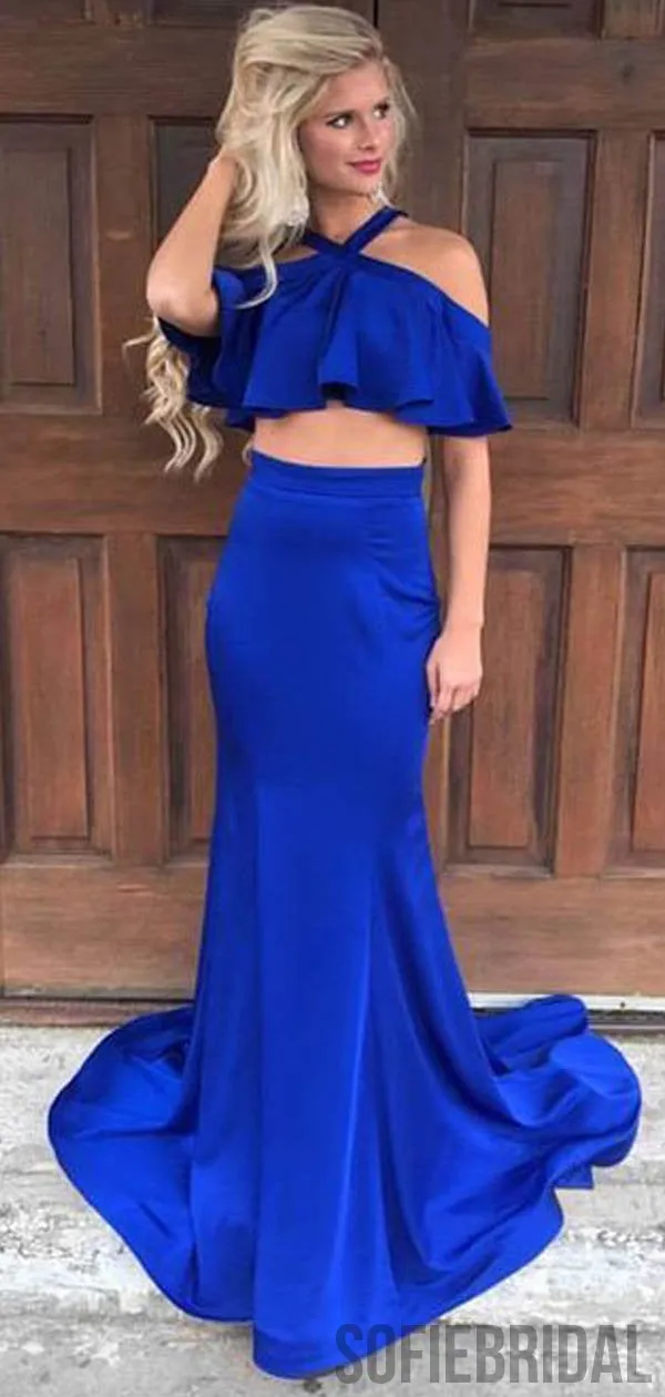 2 pieces Halter Long Mermaid Royal Blue Prom Dresses, PD0802