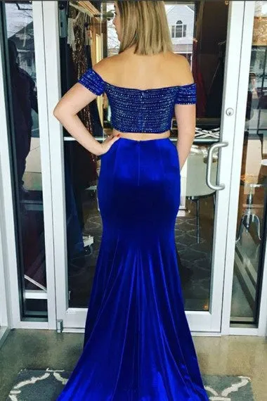 2 Pieces Royal Blue Beaded Off Shoulder Mermaid Prom Dresses, PD0836