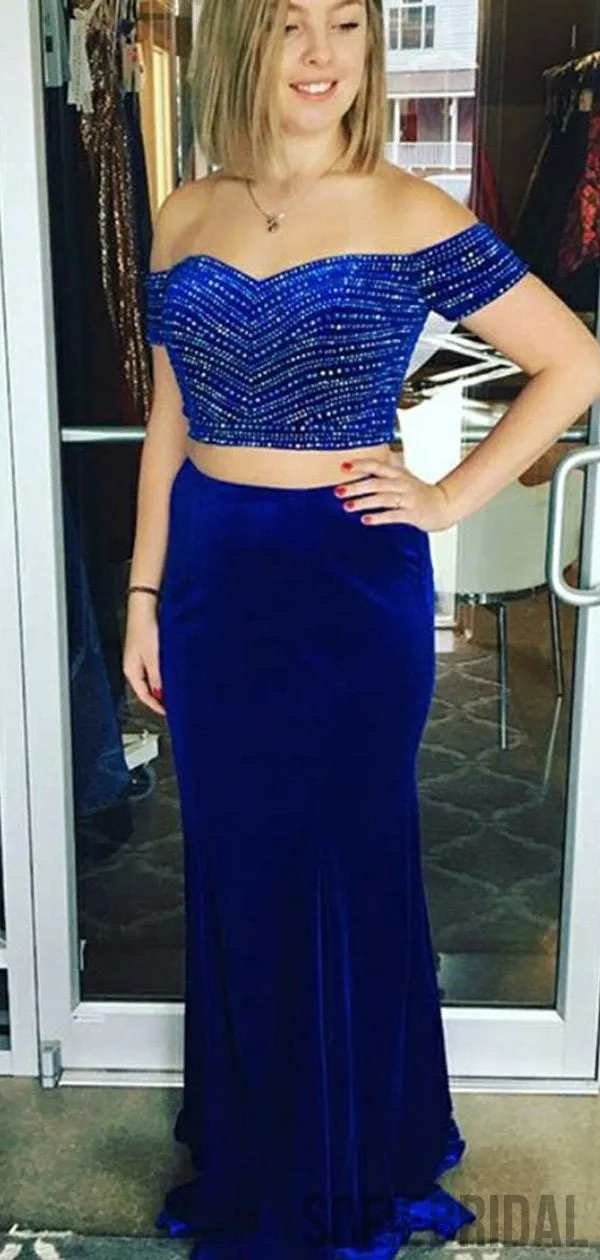 2 Pieces Royal Blue Beaded Off Shoulder Mermaid Prom Dresses, PD0836