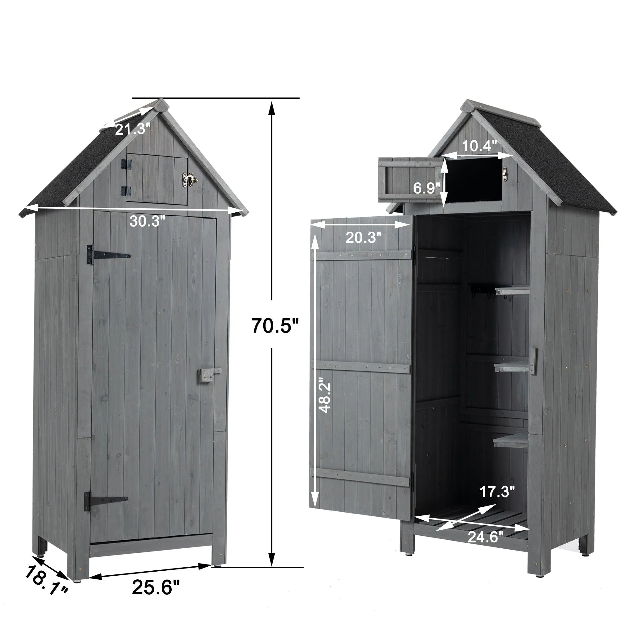 30.3”L X 21.3”W X 70.5”H Outdoor Storage Cabinet Tool Shed Wooden Garden Shed  Gray