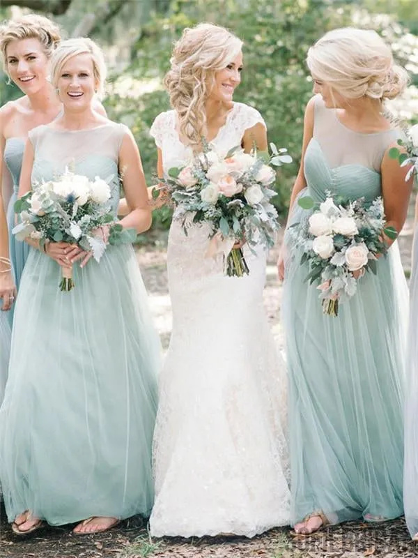 A-line Floor-length Bateau Sleeveless Mint Tulle Long Bridesmaid Dresses, BD1053