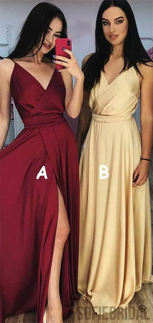 A-line Spaghetti Straps V-neck Simple Bridesmaid Dresses With Split, BD1042