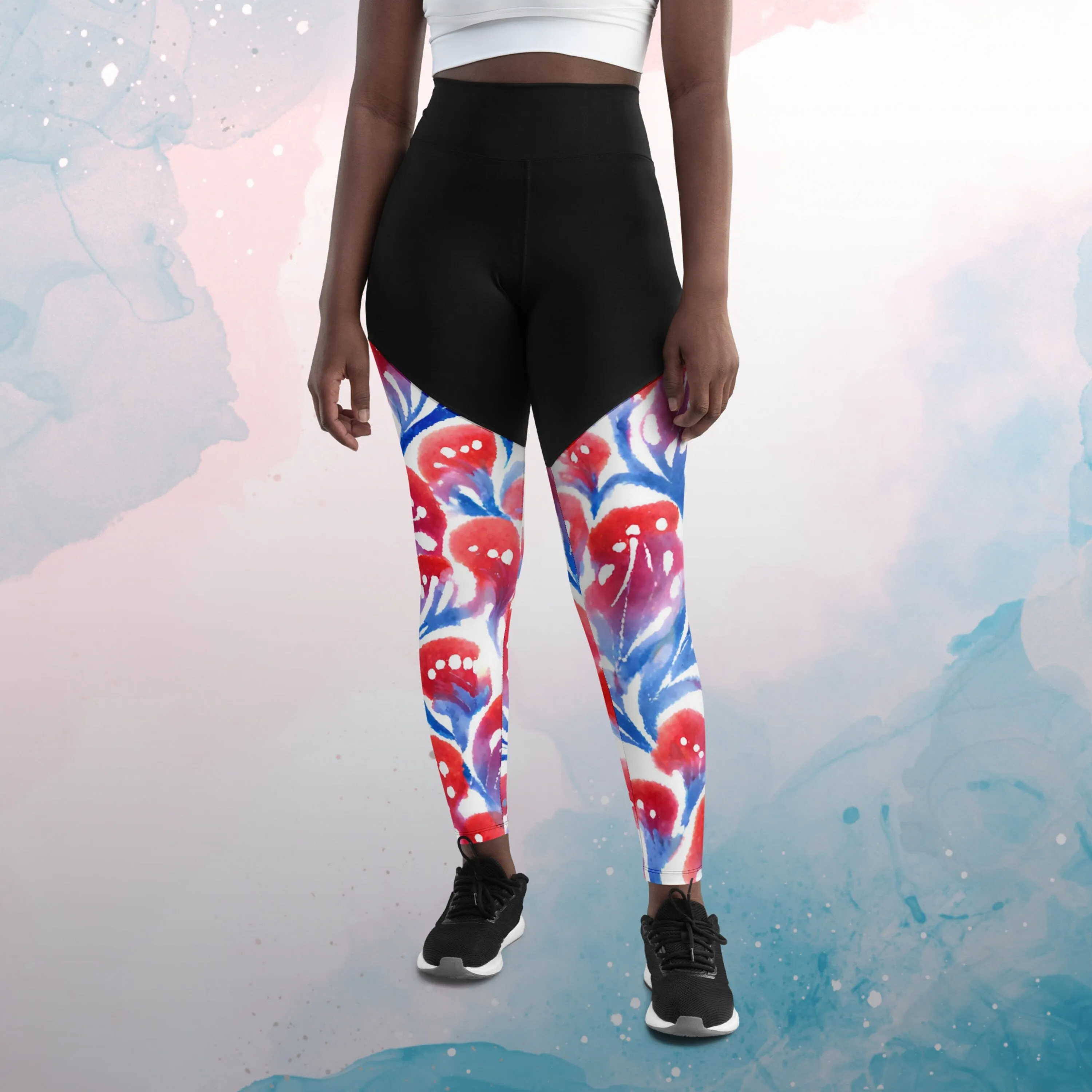 AI generated Red and Blue Floral Pattern Sports Leggings