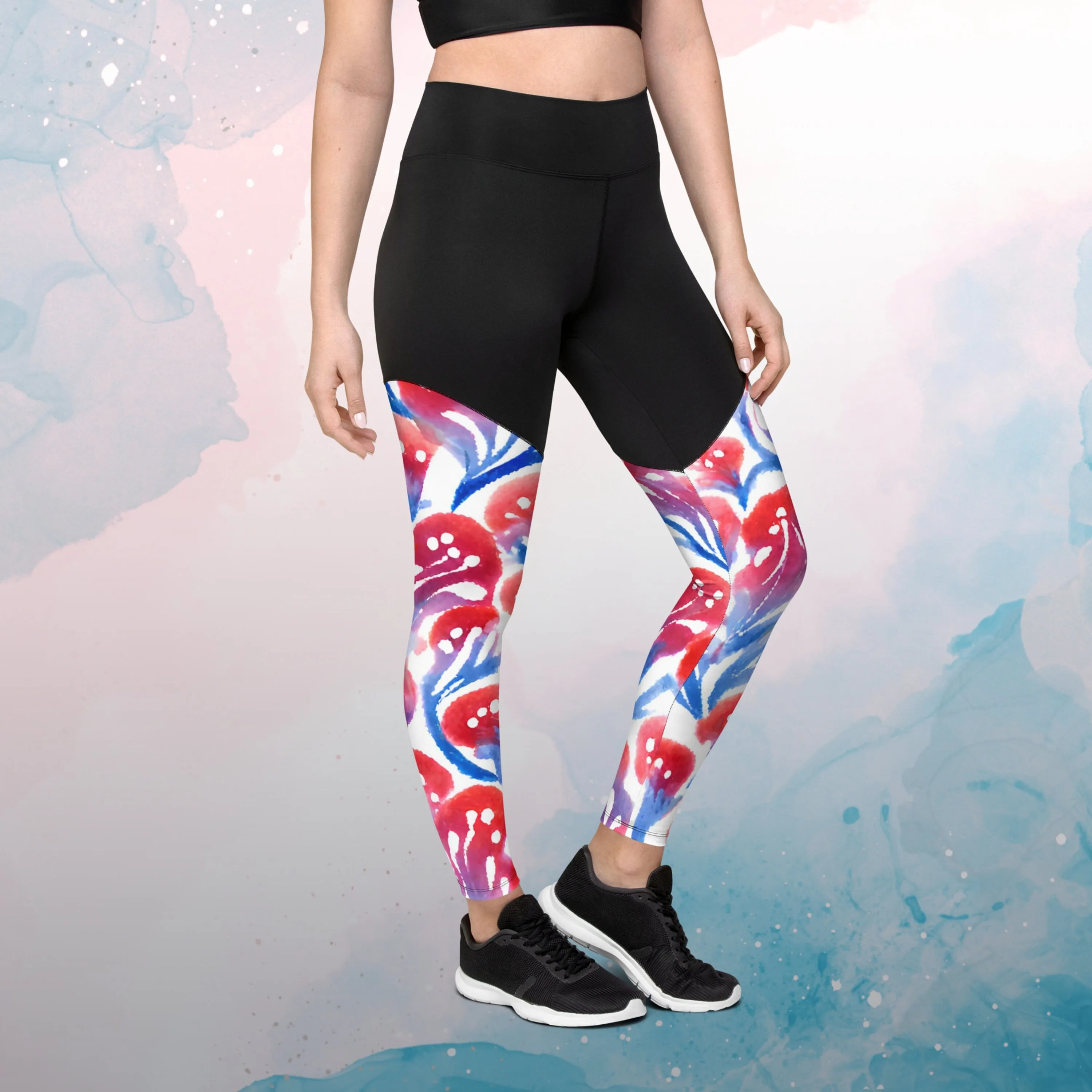 AI generated Red and Blue Floral Pattern Sports Leggings