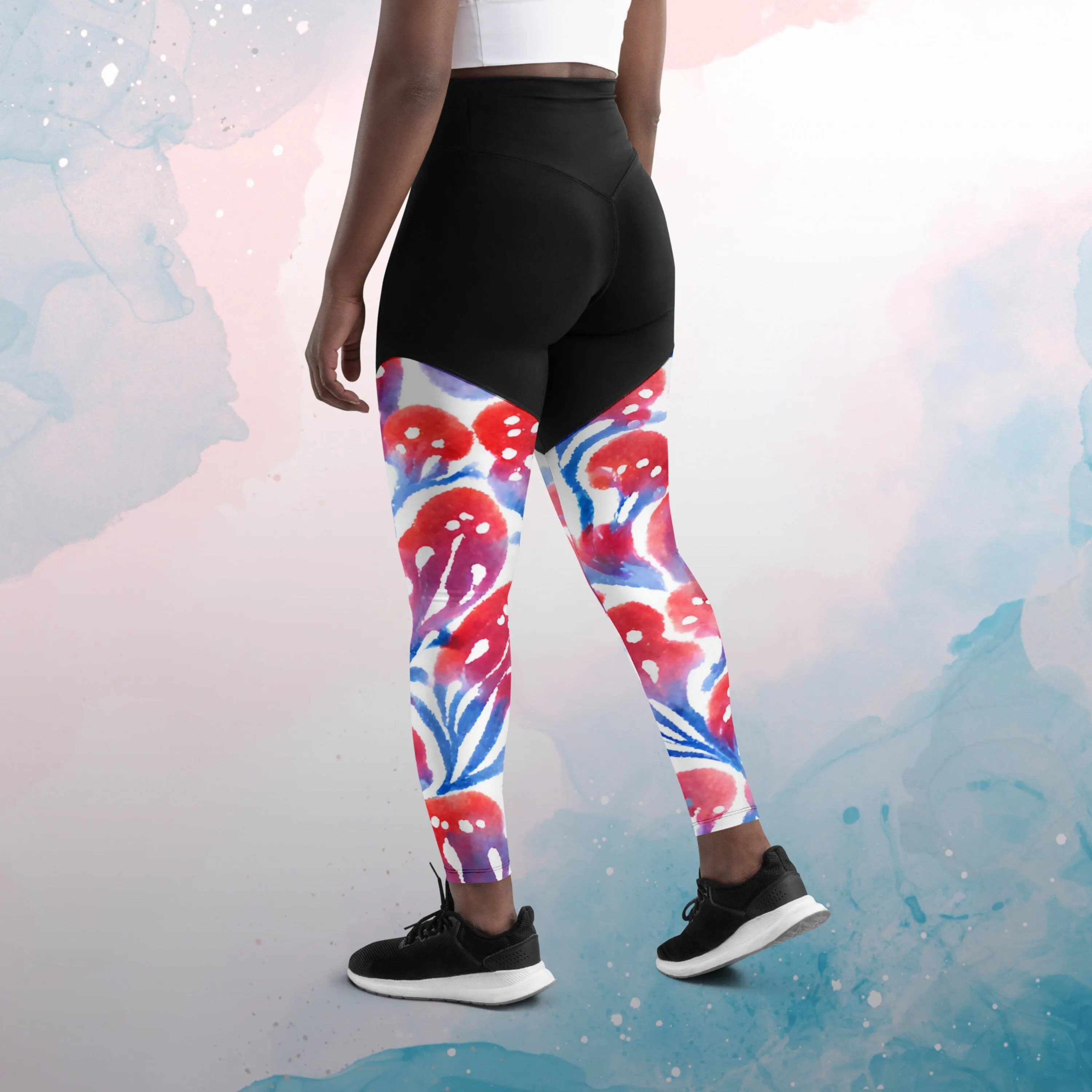 AI generated Red and Blue Floral Pattern Sports Leggings