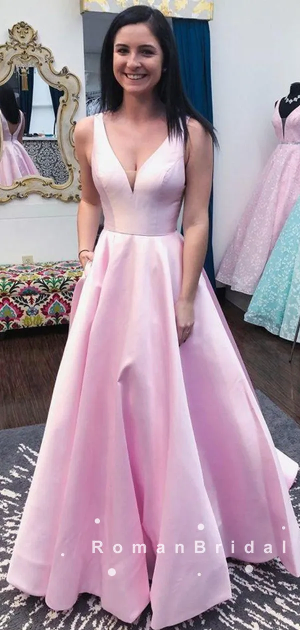 Alluring A-Line V-Neck Sleeveless Pink Cheap Long Prom Dresses,RBPD0048