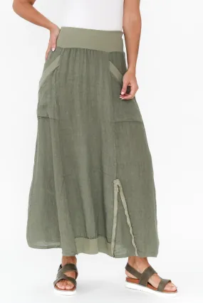 Ani Khaki Linen Pocket Maxi Skirt