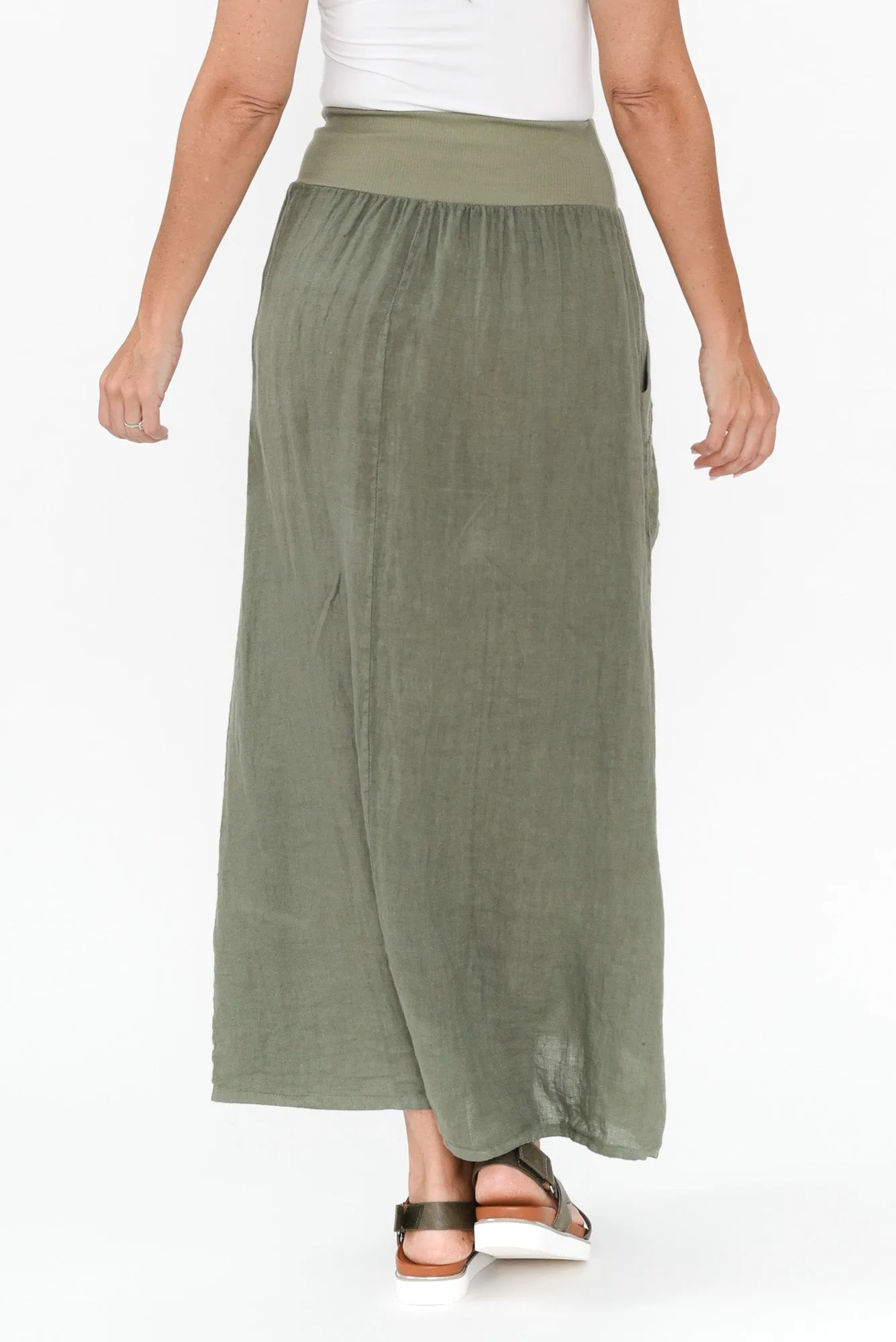 Ani Khaki Linen Pocket Maxi Skirt