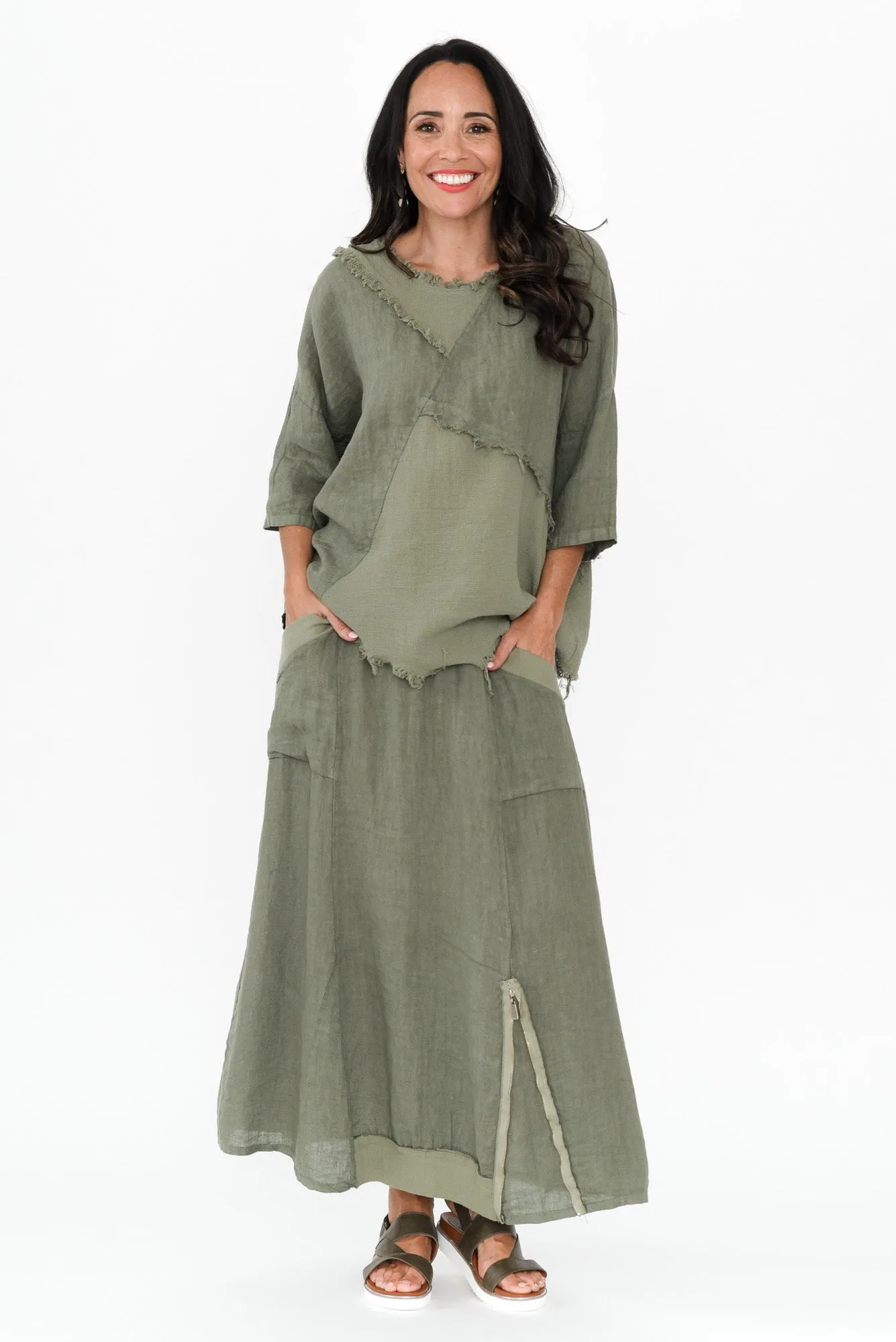 Ani Khaki Linen Pocket Maxi Skirt