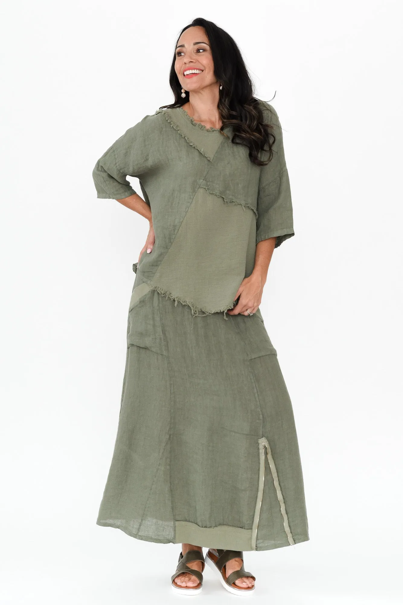 Ani Khaki Linen Pocket Maxi Skirt