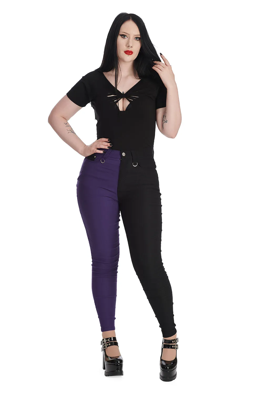 Banned Bailey Half and Half Stretch Skinny Trousers in Purple and Black