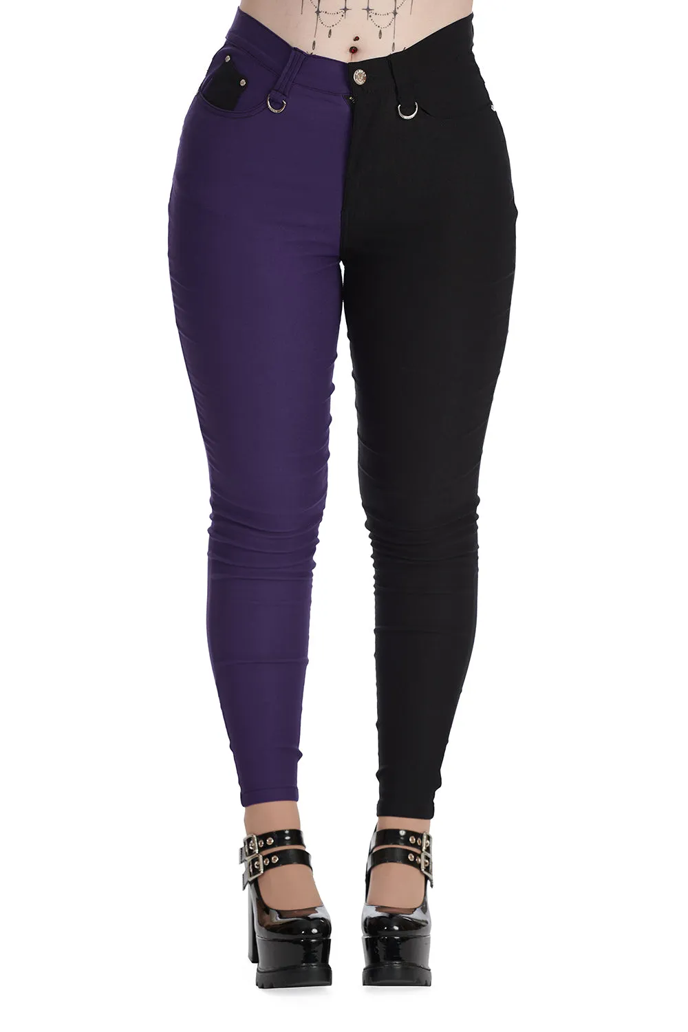 Banned Bailey Half and Half Stretch Skinny Trousers in Purple and Black