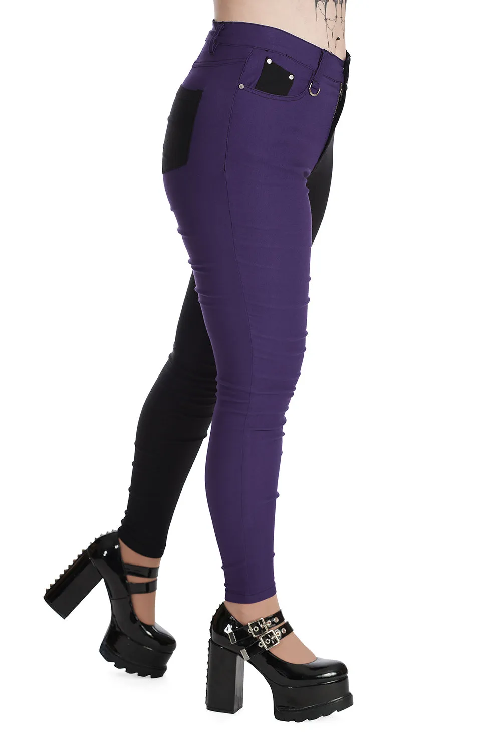 Banned Bailey Half and Half Stretch Skinny Trousers in Purple and Black