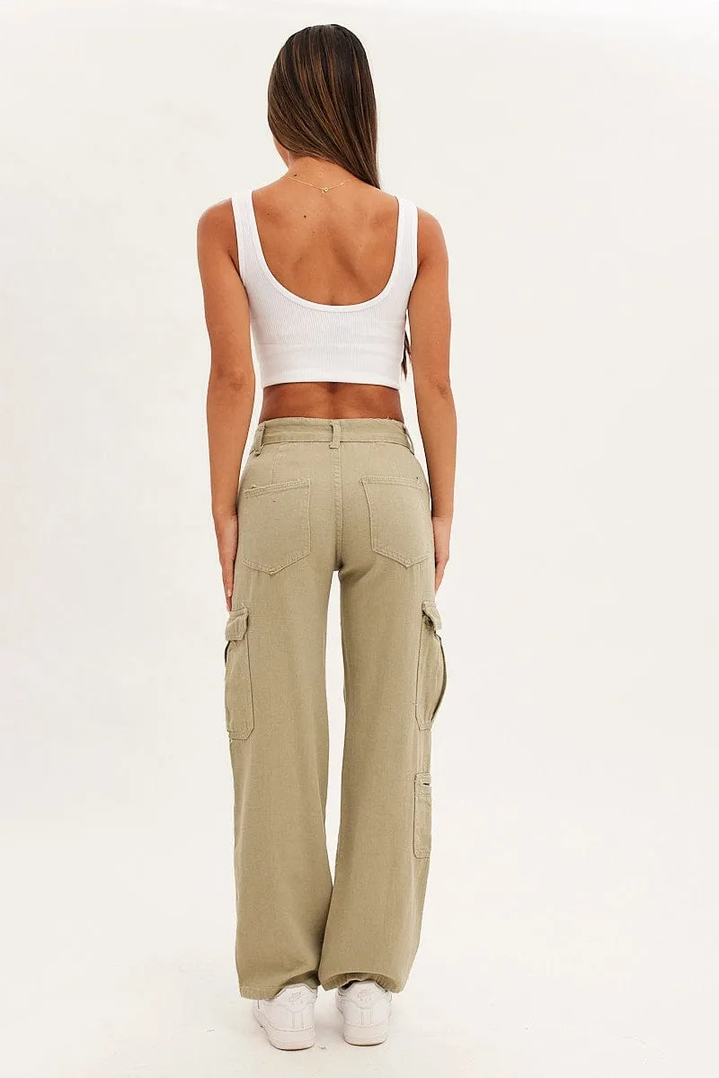 Beige Cargo Parachute Low Rise Pants