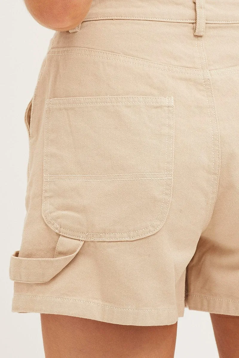 Beige Carpenter Denim Shorts High Rise