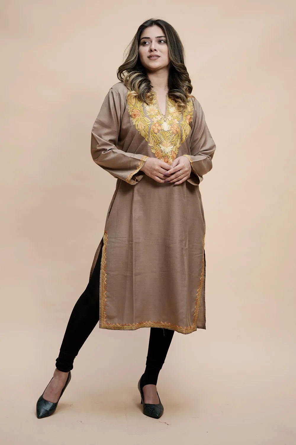 Beige Colour Cotton Kurti With Kashmiri Motifs With Latest Fashion Trend.