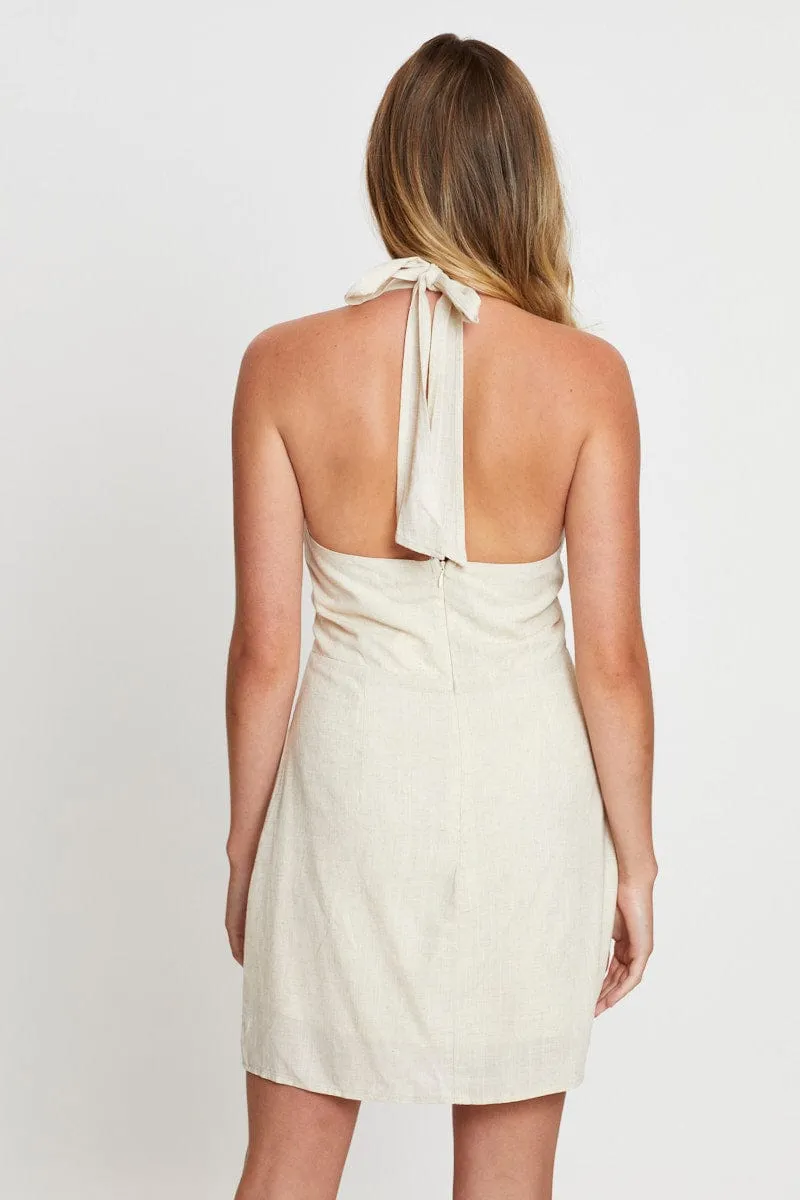 Beige Dress Sleeveless Mini Halter Neck