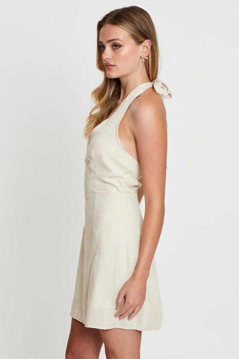 Beige Dress Sleeveless Mini Halter Neck