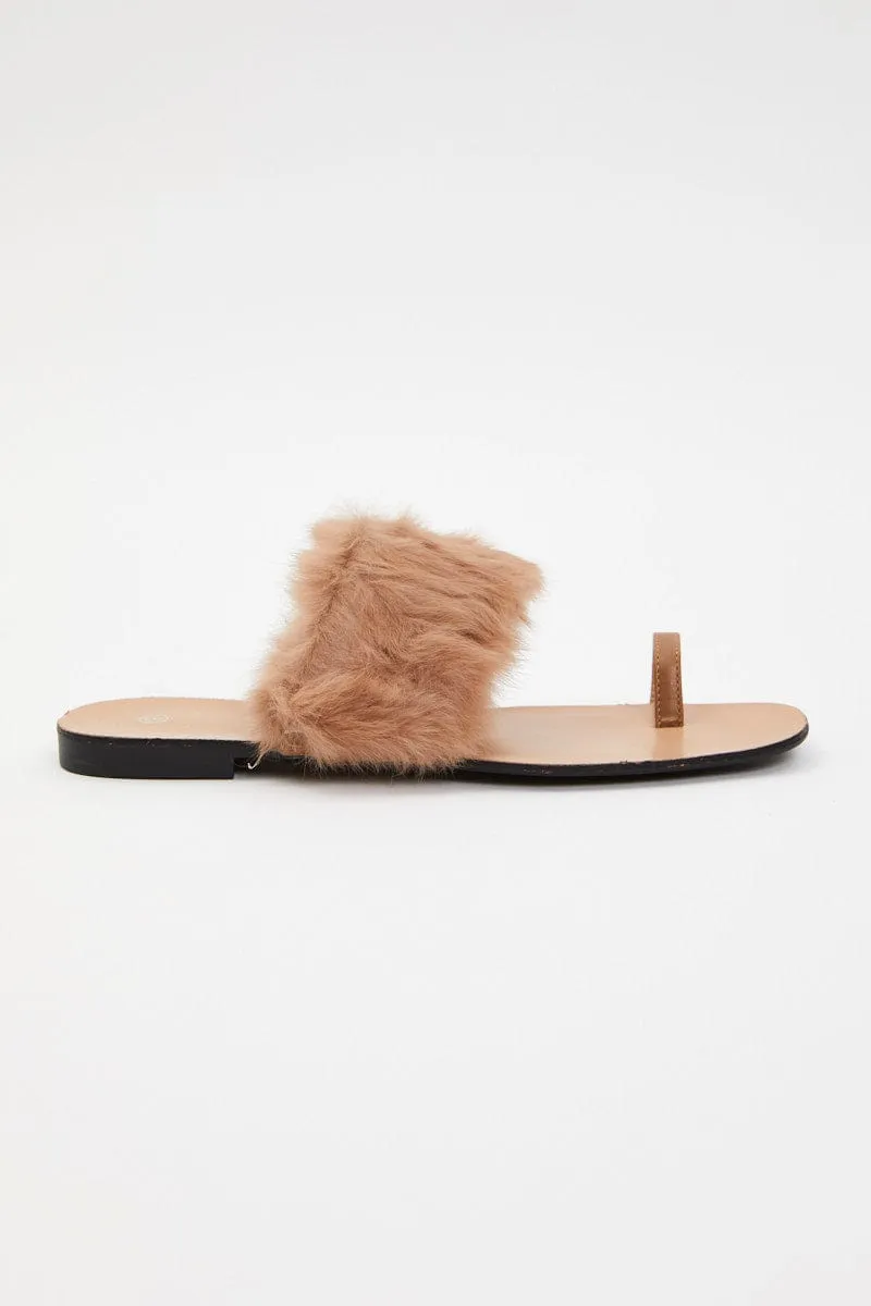 Beige Faux Fur Flat Slides