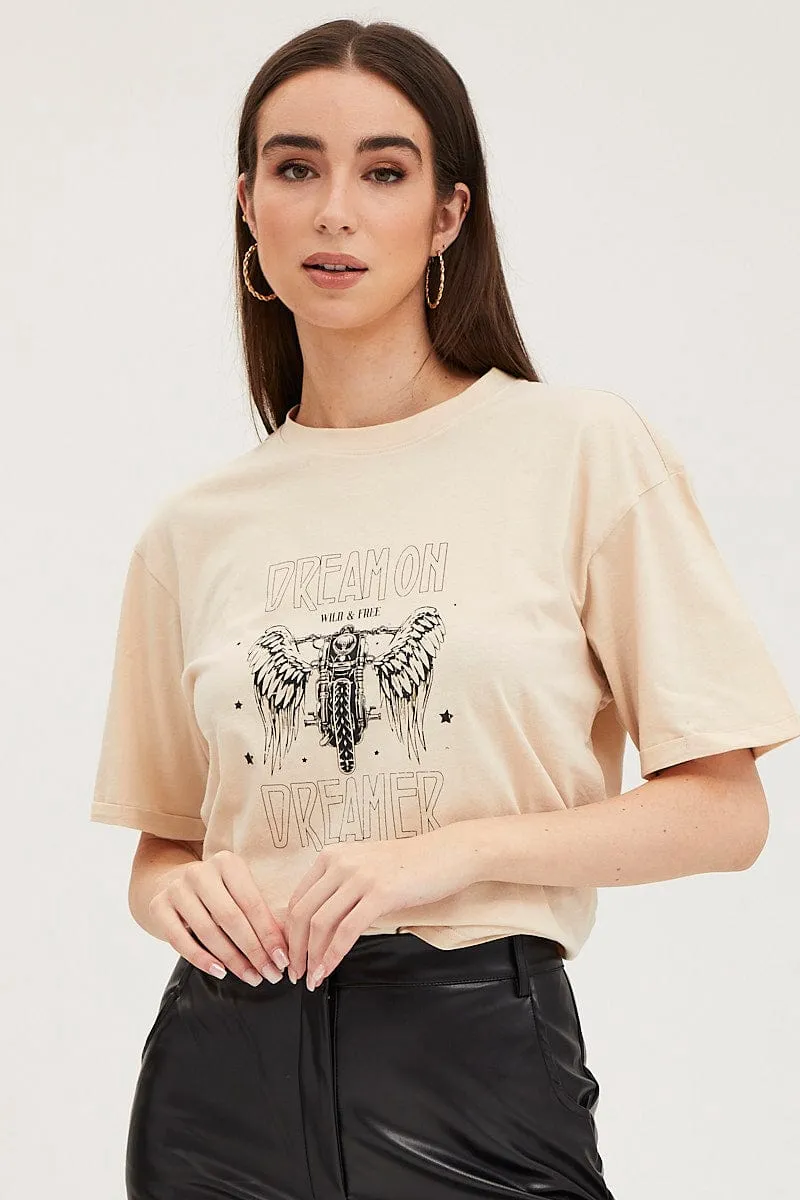 Beige Graphic T Shirt Short Sleeve