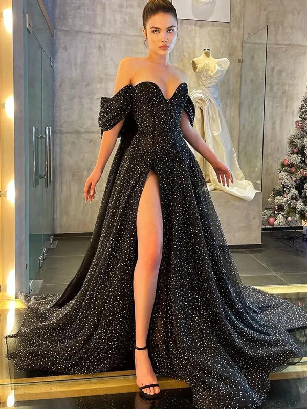 Black A-line Side Slit Tulle Long Prom Dresses With Train, PDS0248