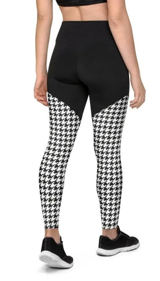 Black & White Houndstooth Print Compression Leggings