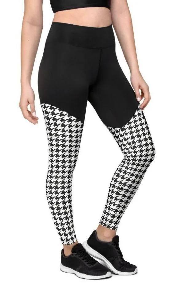 Black & White Houndstooth Print Compression Leggings