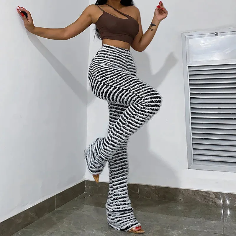 Black and White Striped Knitted Stacked Pants Women Bottoms 2023 Streetwear Extra Long High Waist Flare Pants