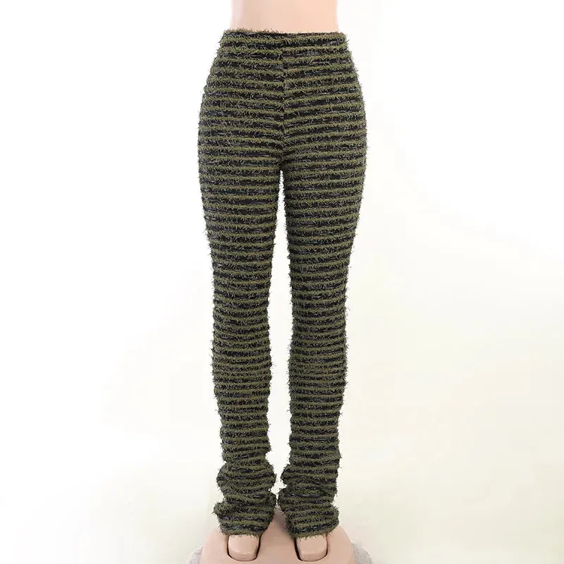 Black and White Striped Knitted Stacked Pants Women Bottoms 2023 Streetwear Extra Long High Waist Flare Pants