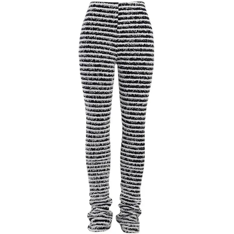 Black and White Striped Knitted Stacked Pants Women Bottoms 2023 Streetwear Extra Long High Waist Flare Pants