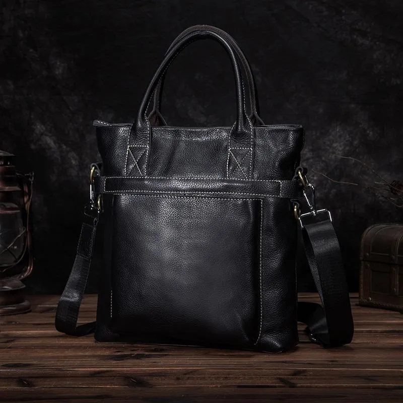 Black Leather Mens Vertical Work Bag Handbag Vertical Black Small Briefcase Shoulder Bag For Men