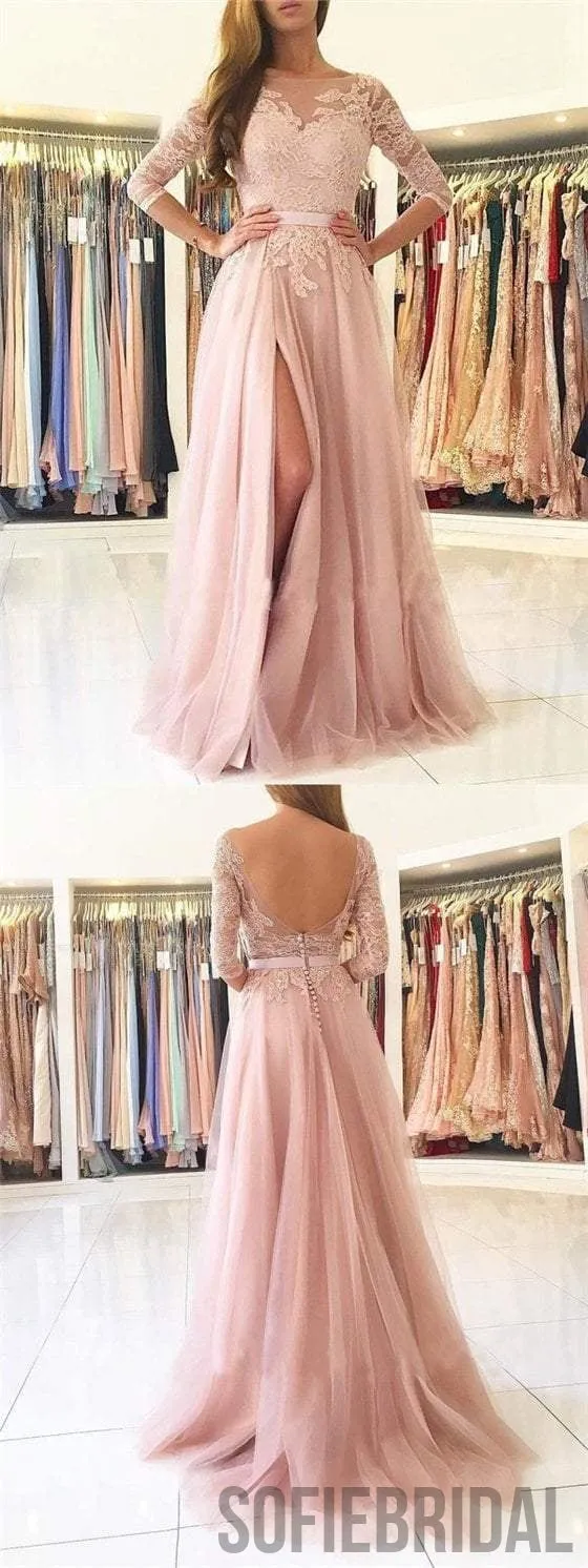 Blush Pink Lace Prom Dresses, Side Slit Prom Dresses, Half Sleeves Prom Dresses, PD0657