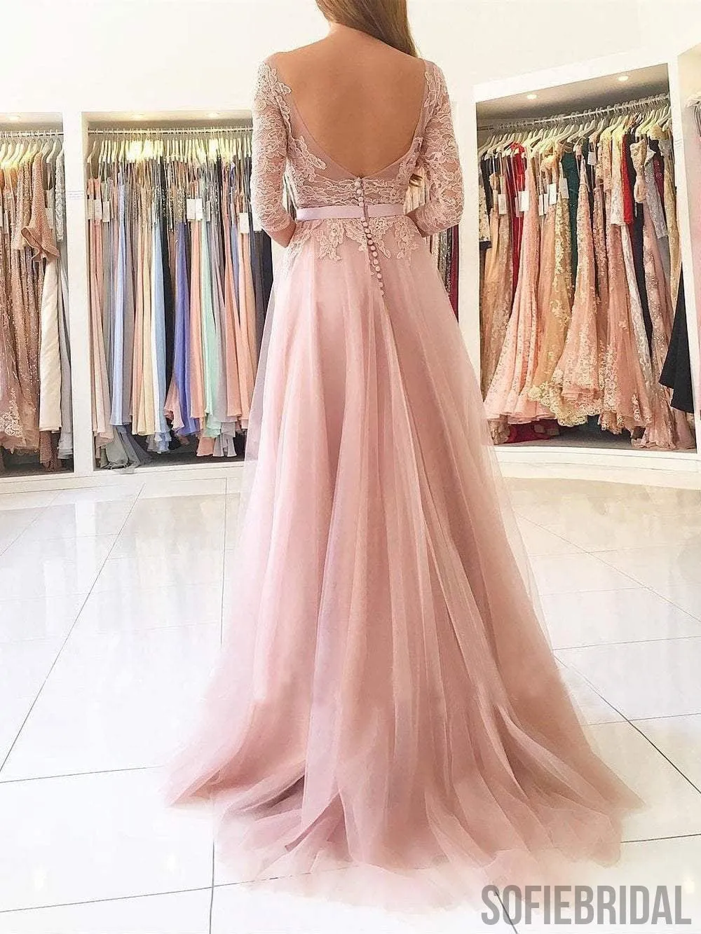 Blush Pink Lace Prom Dresses, Side Slit Prom Dresses, Half Sleeves Prom Dresses, PD0657