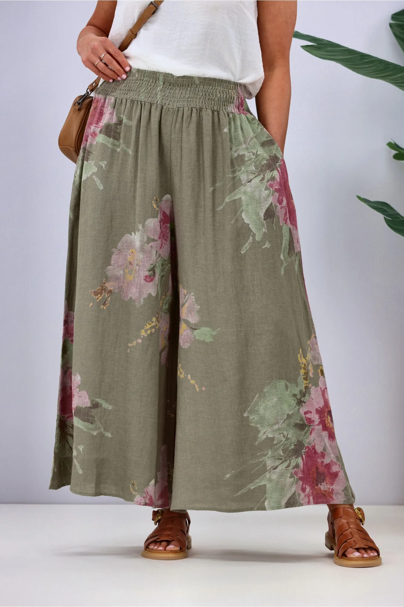 Cali & Co Wide Leg Linen Floral Pant Khaki