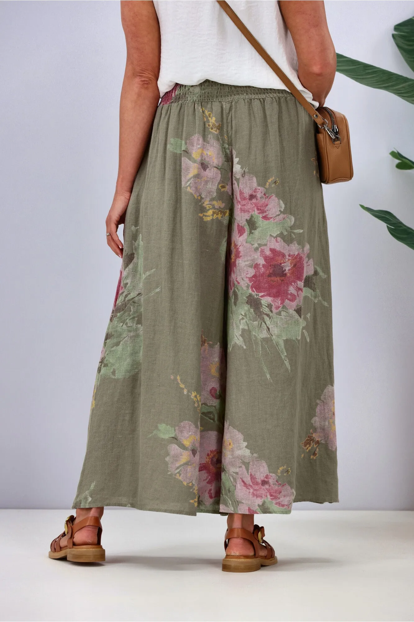 Cali & Co Wide Leg Linen Floral Pant Khaki