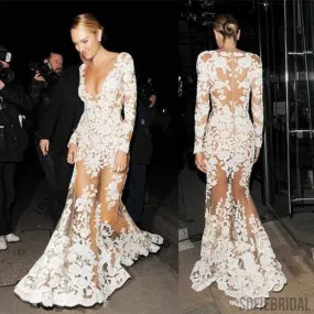 Candice Swanepoel Celebrity Inspired See Through Deep V-neck Long Sleeve Mermaid Lace Prom Dresses, PD0522