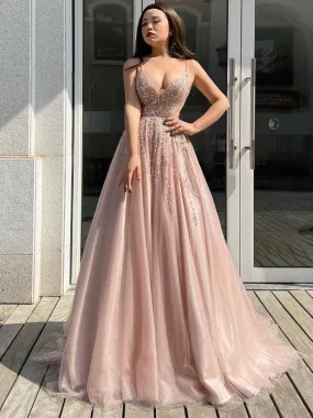 Charming V-neck Spaghetti Straps A-line Tulle Long Prom Dresses, PDS0269