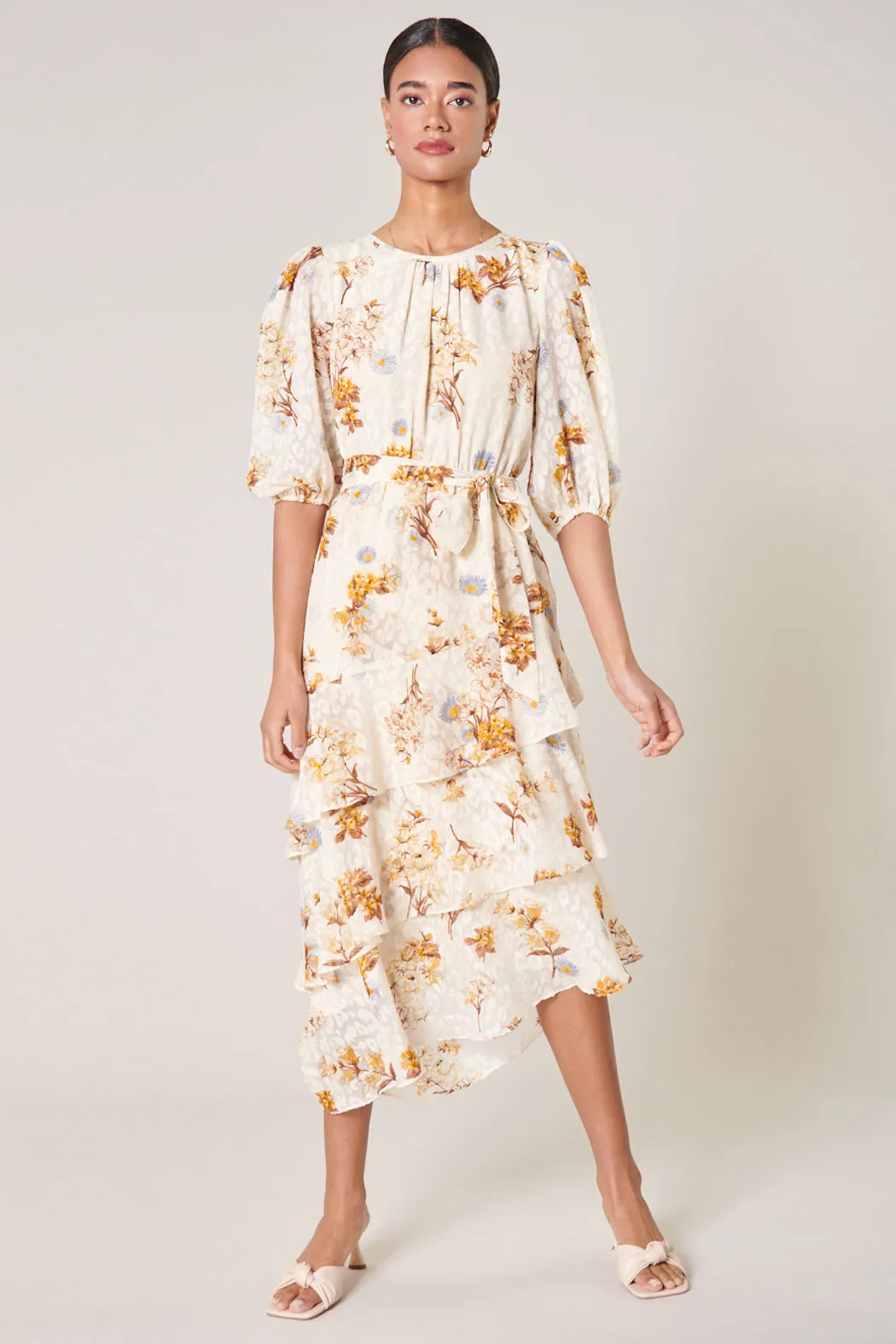 Clarabelle Honey Asymmetrical Celia Ruffle Midi Dress