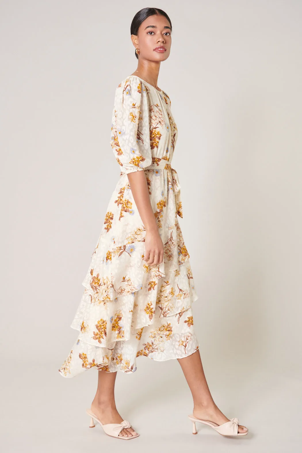 Clarabelle Honey Asymmetrical Celia Ruffle Midi Dress