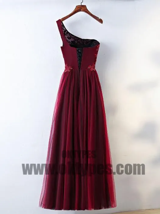 Claret Long Prom Dresses, Appliques Prom Dresses, Beading Prom Dresses, Asymmetric Prom Dresses, Lace Up Prom Dresses, Charming Prom Dresses, TYP0072