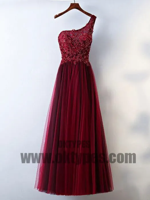 Claret Long Prom Dresses, Appliques Prom Dresses, Beading Prom Dresses, Asymmetric Prom Dresses, Lace Up Prom Dresses, Charming Prom Dresses, TYP0072