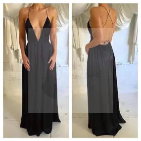 Deep V-Neck Sexy Black Chiffon Prom Dresses, Spaghetti Backless Prom Dresses