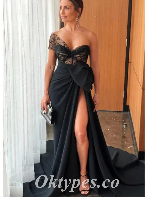 Elegant Black Tulle And Satin One Shoulder Sleeveless Side Slit Mermaid Long Prom Dresses,PDS0726