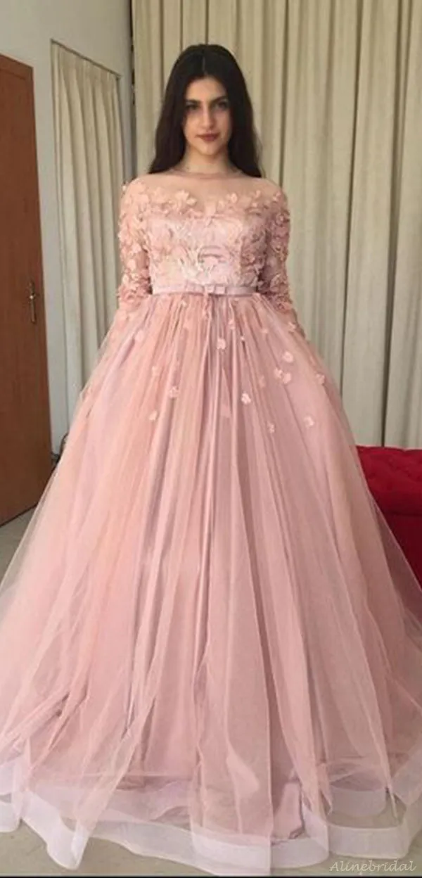 Elegant Pink Floral Top Long Sleeves A-line Organza Floor-length Prom Dress, PD3248