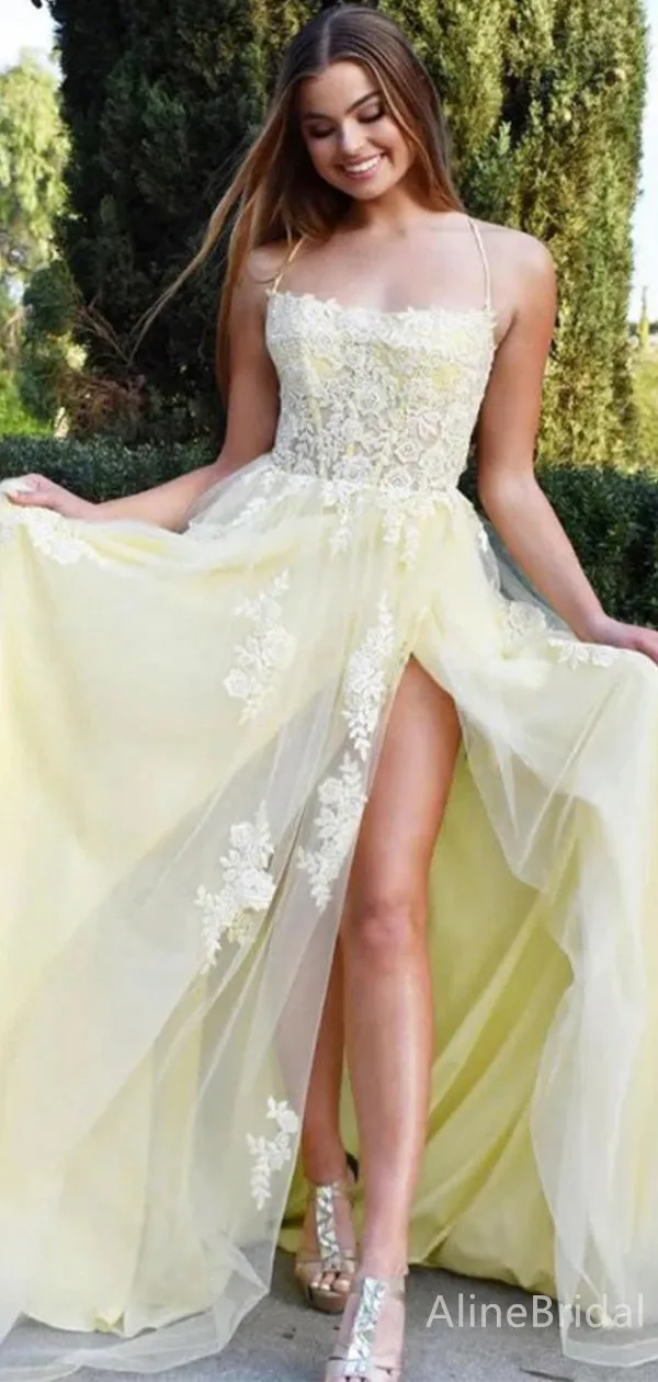 Elegant Spaghetti Strap Split Side A-line Long Prom Dress,PD37859