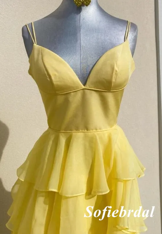 Elegant Yellow Spaghetti Straps V-Neck A-Line Long Prom Dress, PD01016