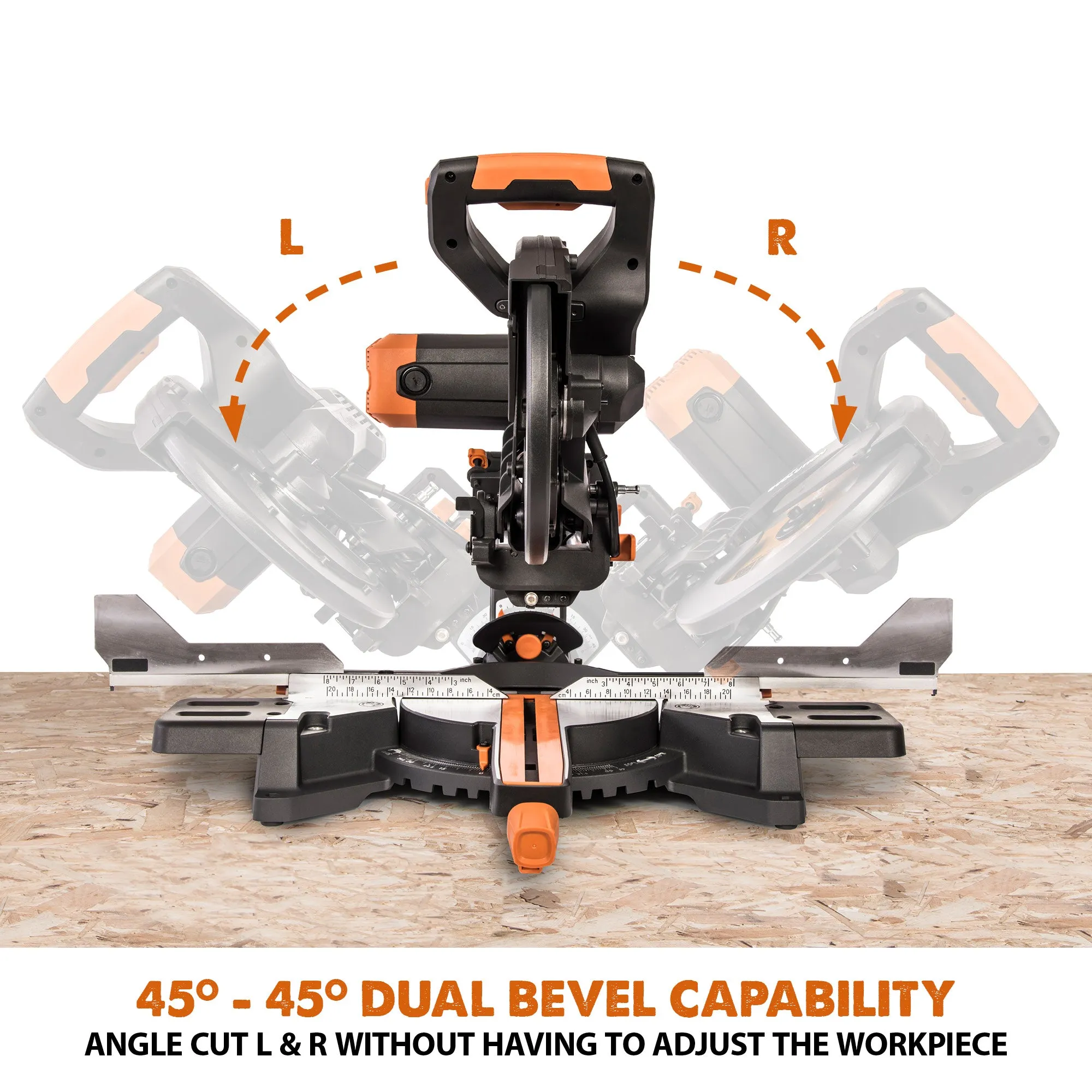 Evolution R255SMS-DB : Dual Bevel Sliding Miter Saw With 10 in. Multi-Material Cutting Blade